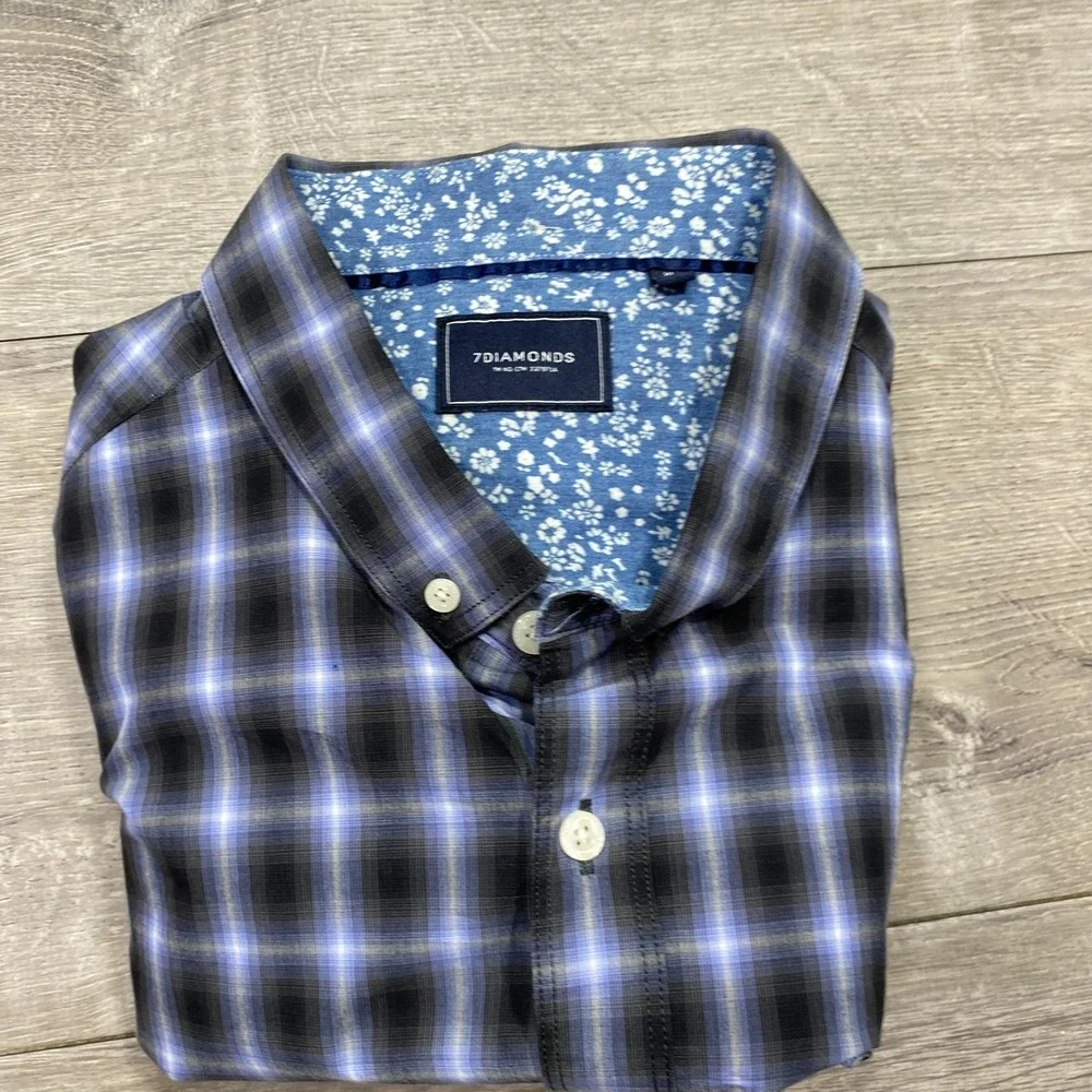 7 Diamonds Shirt Mens XL Blue Plaid Button Down Long Sleeve Higher Ground Casual